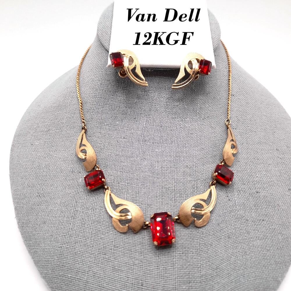 Van Dell Red Rhinestone Necklace Earrings Set, 12K GF, Screw Back Earrings 1940s